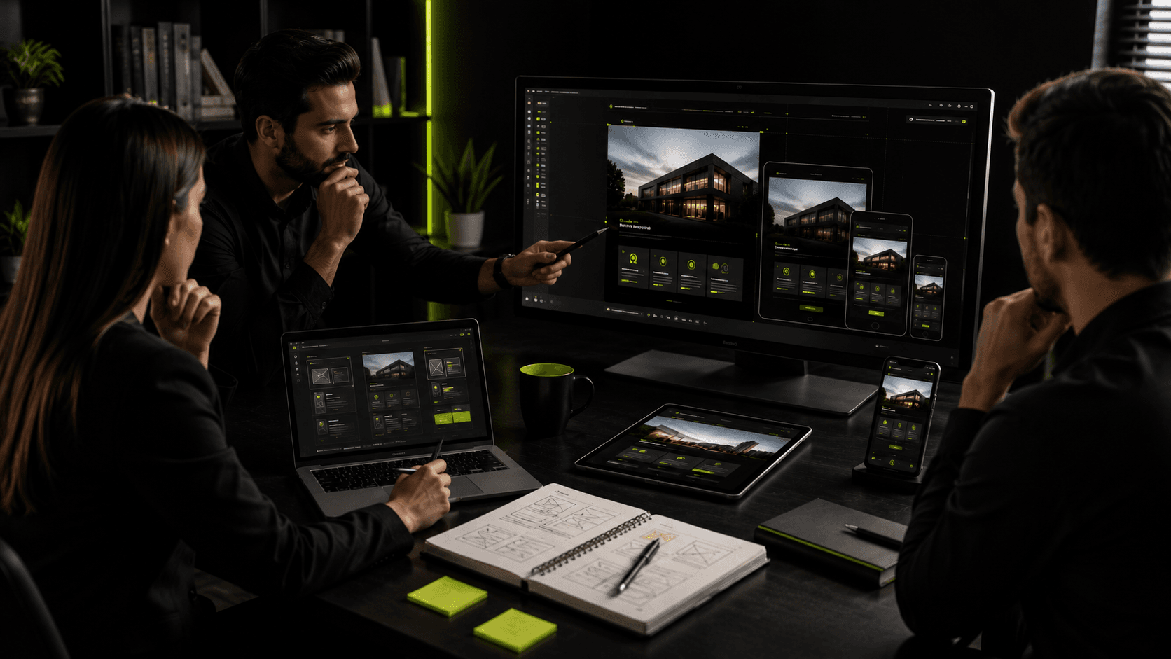 Equipe planejando a criação de um site profissional responsivo para empresa