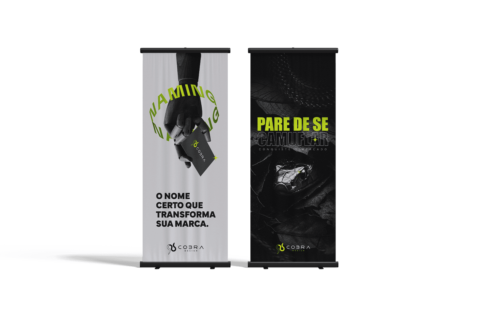 Mockup de materiais de design gráfico desenvolvidos pela Cobra