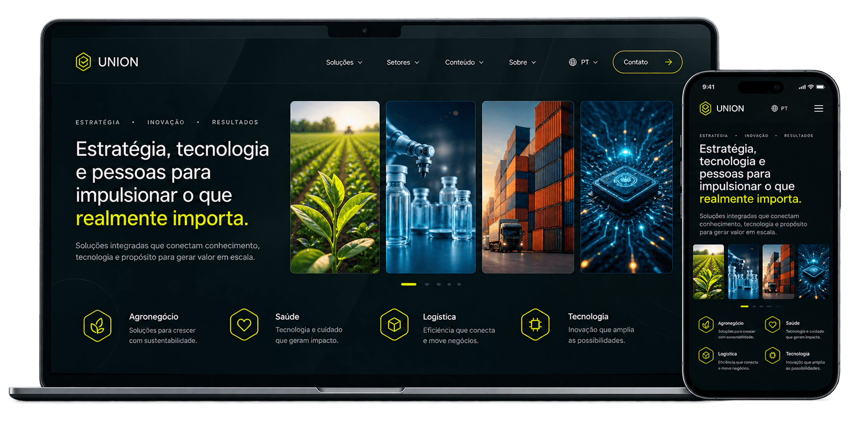 Site institucional responsivo nas versões desktop e mobile